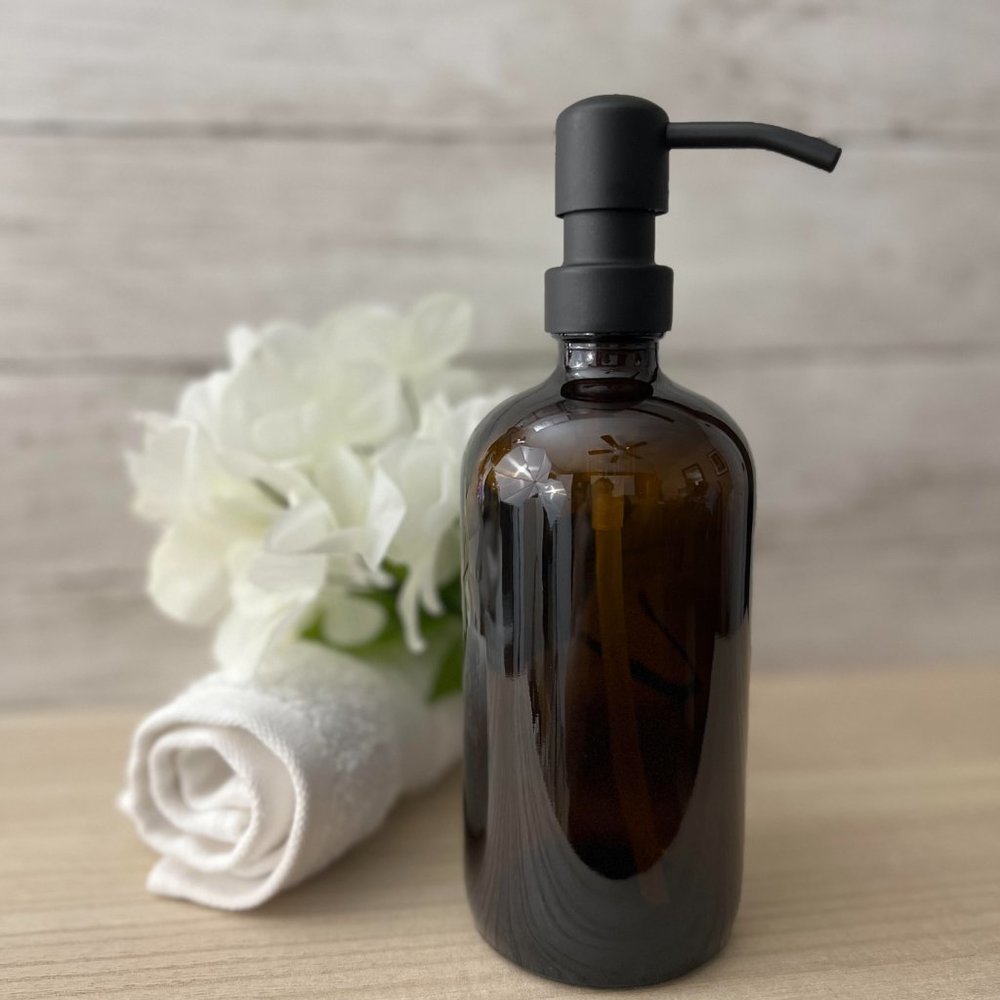 SET OF 2: 16 OZ. GLASS SOAP DISPENSER W/ METAL PUMP (AMBER GLASS/BLACK PUMP)